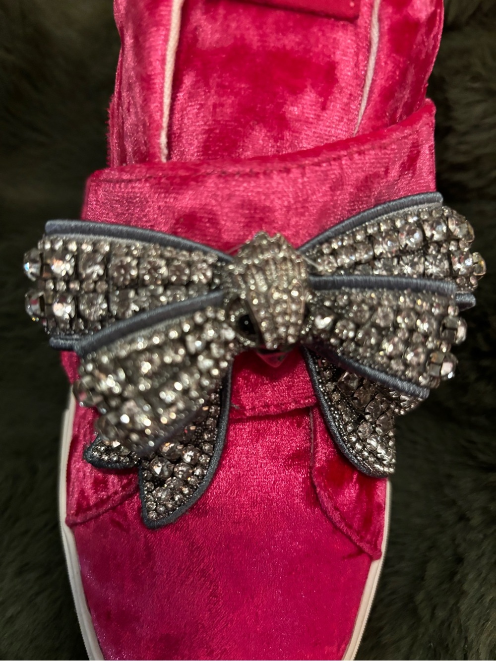 Kurt Geiger Hot Pink Velvet Slip-On Sneakers with Rhinestone Bow - Picture 2 of 6
